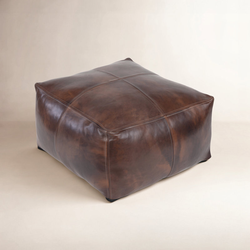 Pouf carré en cuir véritable 22 po Cleore Galya, Cuir véritable brun foncé