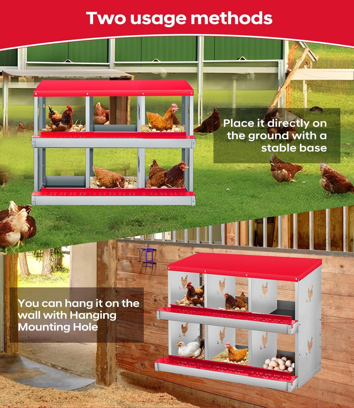 6-Compartment Metal Chicken Nesting Box – Secure Egg Laying, Easy-Clean Design, Space-Saving (84.5cm x 42cm), Red/White