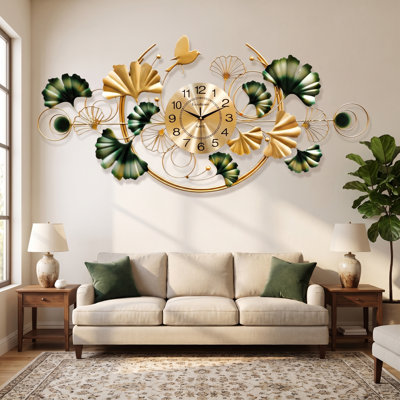 Horloge murale Ginkgo à feuilles, grande décoration murale en fer 3D vert et or 39 po, horloge suspendue créative pour vestibule et salon
