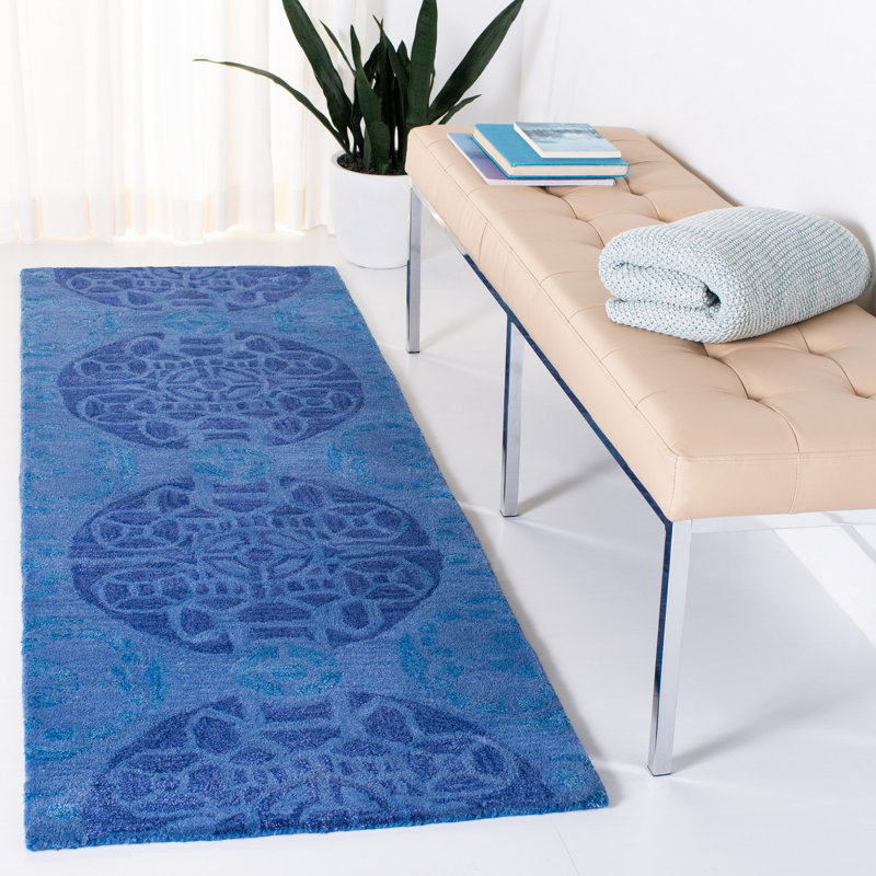 Tapis bleu en laine / viscose touffeté à la main Kouerga, Tapis de couloir 2 pi 3 po x 11 pi