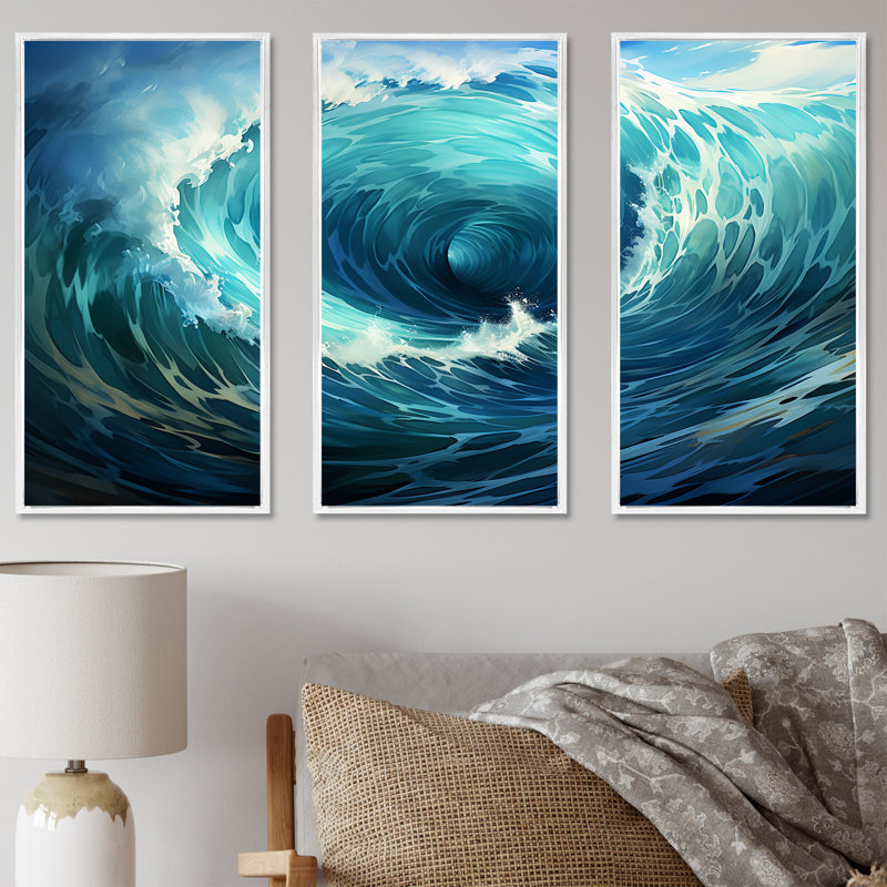 Tempête tropicale, vagues de surf - art mural bord de mer tropical, H 28 po x l 36 po x P 1 po, Cadre flottant blanc