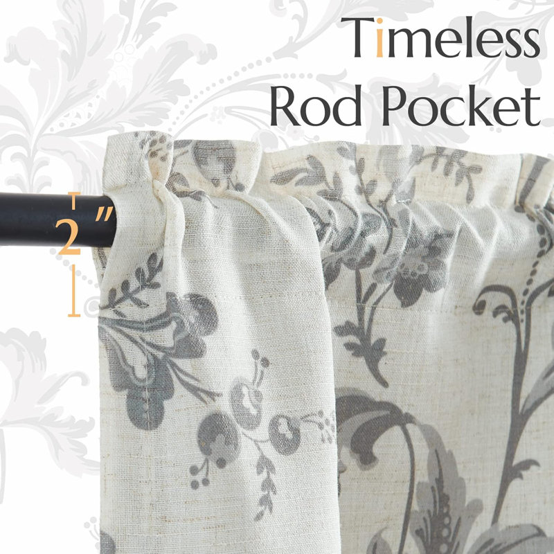 Cantonnière en lin à motif floral, Gris, L 50 po x L 18 po