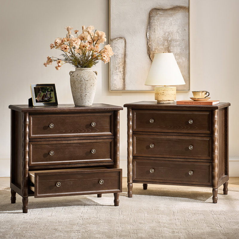 Lucious 3-Drawer Transitional 28''W Curved End Table with Charging Station and Easy Assembly , Walnut