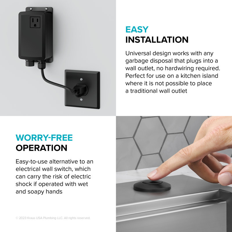 KRAUS Garbage Disposal Air Switch Kit with Push Button, AC Adapter, Power Cord, and Air Tube Included, Matte Black