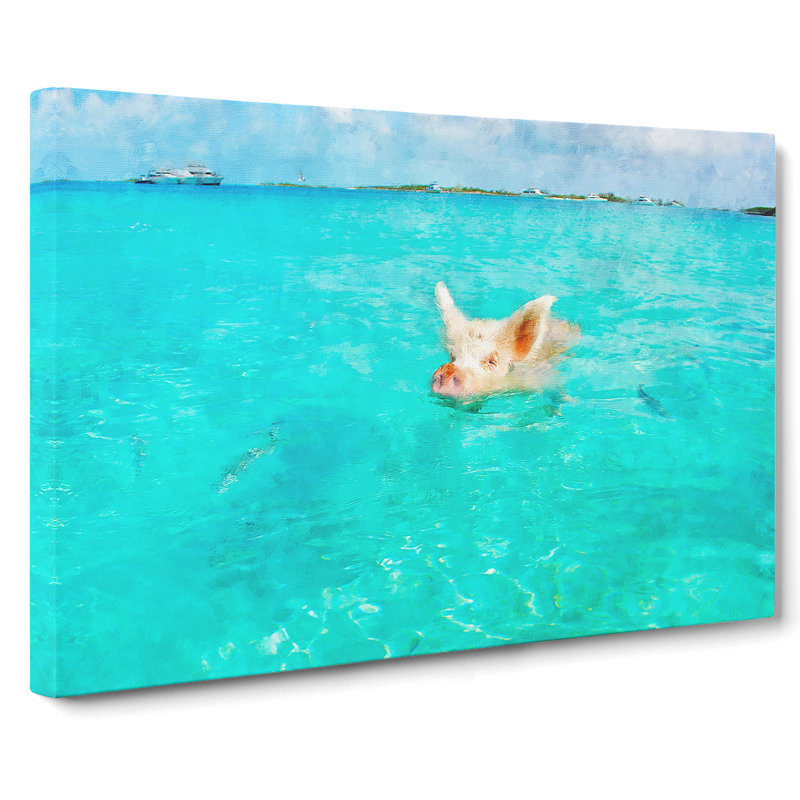 Swimming Pig - Wrapped Canvas Print, 35cm H x 76cm W x 3cm D