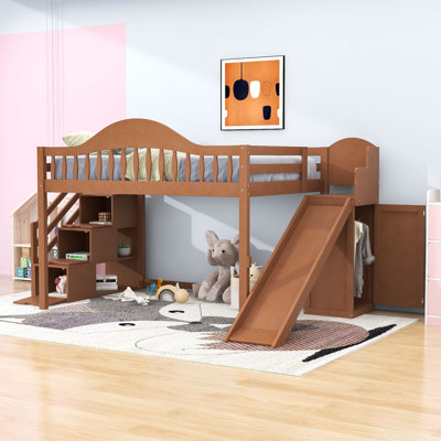 Lit mezzanine en bois avec escalier de rangement, glissade, garde-robe encastrée et garde-corps pleine longueur