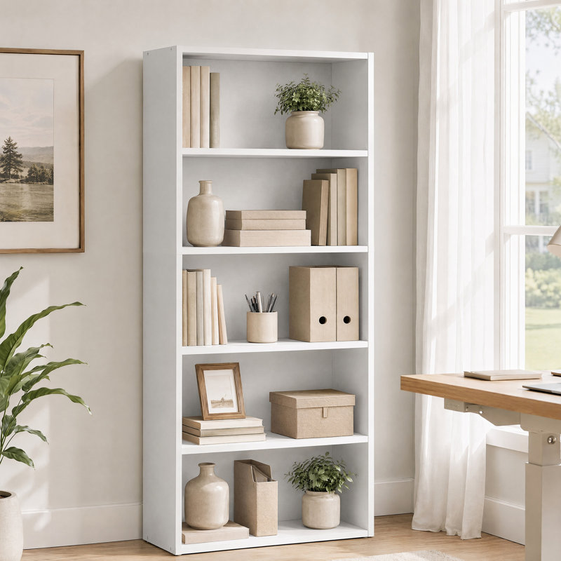 Rectangular Freestanding Adjustable and Anti-tip 6-Tier Bookcase, (5 Shelves) 53"H x 23.8"W x 9.2"D, White