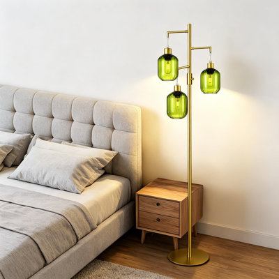 Modern Glass Floor Lamp With Green Shade And Gold Finish, Dimmable 3-Light Tree Design Floor Lamp For Living Room, Includes LED Bulbs