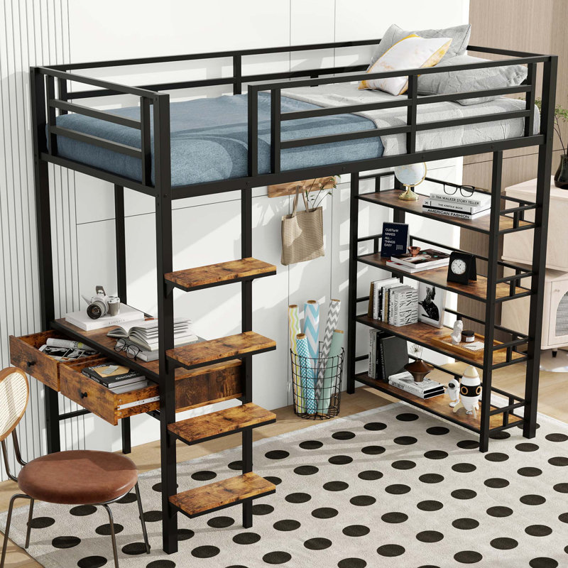 Lit mezzanine en métal avec bureau et tablettes, Simple