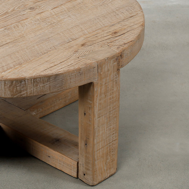 Round Weathered Wood Coffee Table with Cross Legs