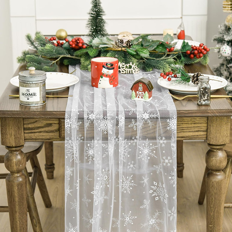 Chemin de table en flocons de neige argentés en forme de gaze de Noël 120 pouces 10 pi, décorations de table de mariage pour les fêtes