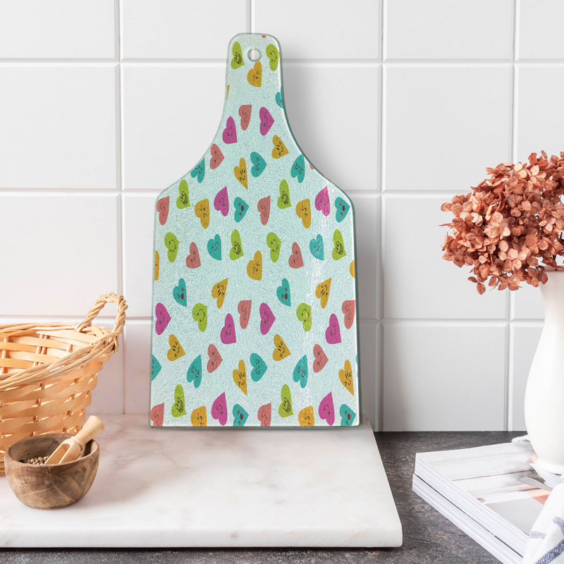 Ambesonne Hearts Tempered Glass Cutting Board Smiling Pattern Funny Design Multicolor