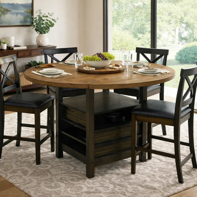 Table à hauteur de comptoir Kimberly avec plateau tournant, 5 tablettes, noir, brun cuit