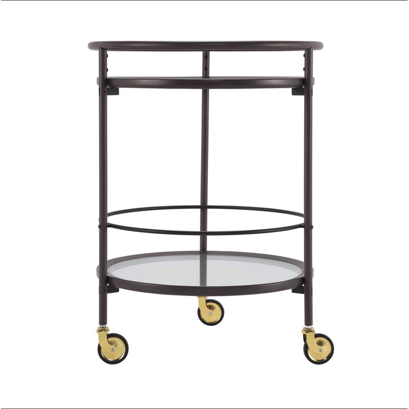 Modern Coffee Round Bar Cart with Tempered Glass Shelves and Gold Locking Casters