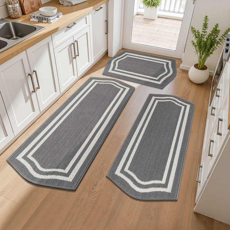 Ensemble de 3 tapis de cuisine neutres antidérapants et lavables Boho, Gris