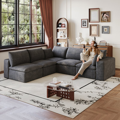 Canapé 99 * 103 po Cloud, tissu en velours côtelé, sièges profonds, conception à deux couches, coussin amovible, sans assemblage, combinaison de bricolage pour le salon, la chambre à coucher, la salle de conférence, l’appartement, gris