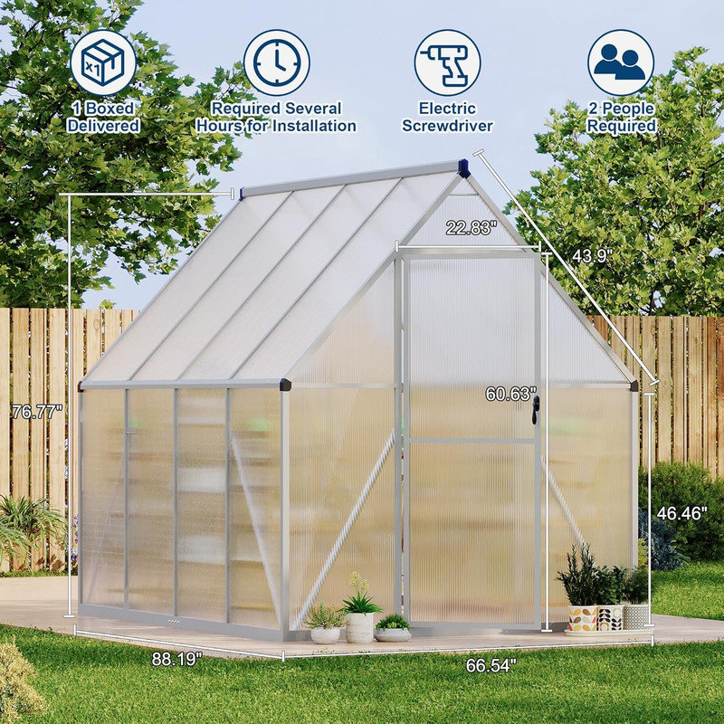 Serre en polycarbonate avec cadre en aluminium 6 pi x 7 pi, ensemble de jardin d'extérieur robuste, Argent argent