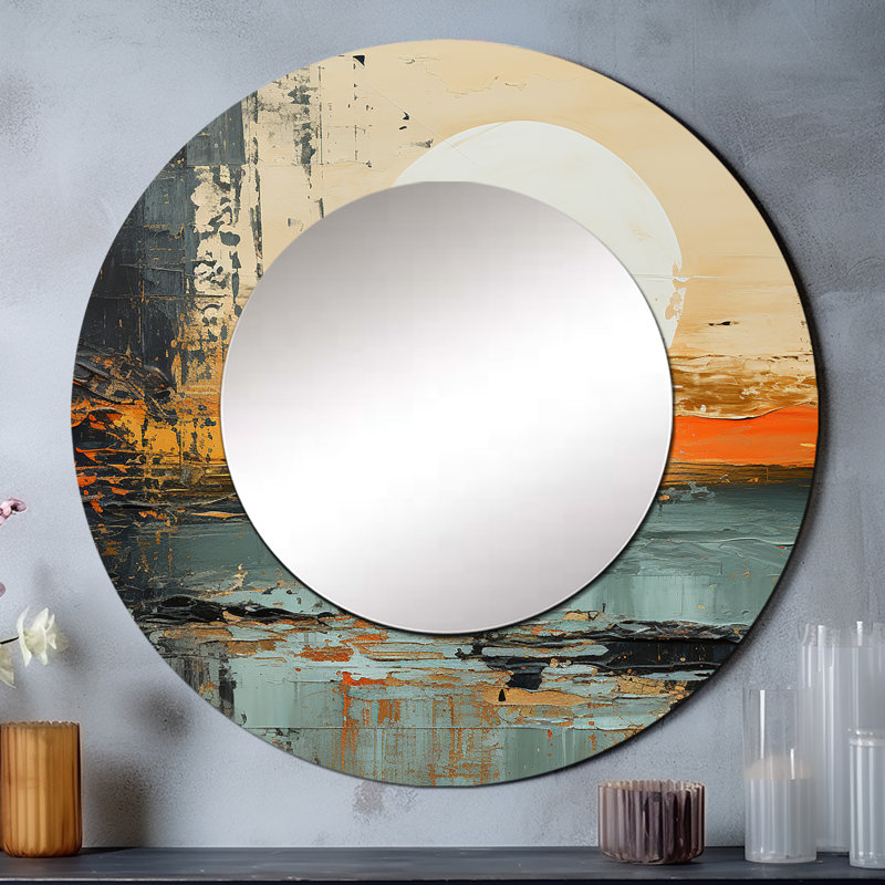 Modern Modern Mystic Sunrise I - miroir mural unique Coastal, miroir rond gris, impression d'art en métal, 36 po x 36 po