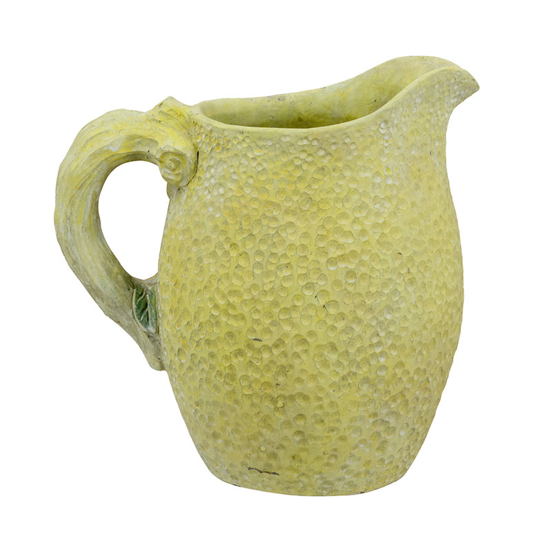 10X7.5X9.5" Lemon-Themed Sand And Cement Pitcher Vase With Textured Yellow Finish, 9.6" H x 9.8" W x 7.3" D