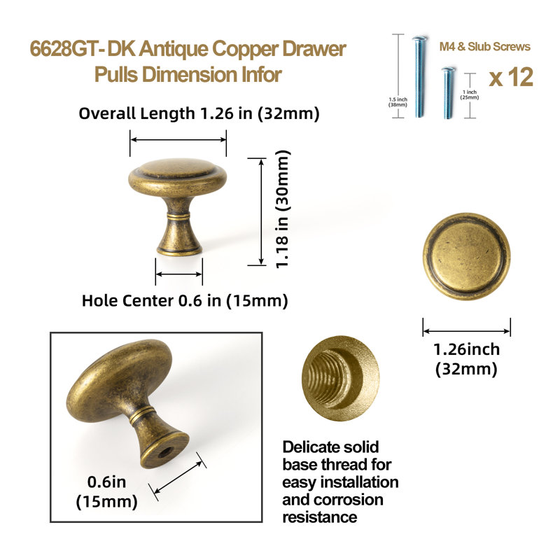 Boutons d'armoire d'inspiration rétro 1 1/4 po, Laiton antique
