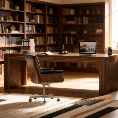 Bureau avec un design minimaliste moderne, 79 pouces, finition brun noyer, bureau spacieux, structure stable, patins réglables pour ordinateur avec dimensions, couleur, double espace de travail, planche E0,