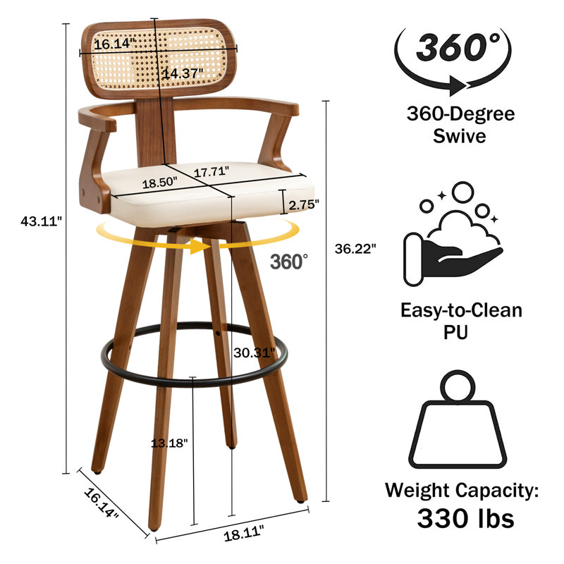 Swivel Upholstered Cane Back Bar Stools, Bar Stool (30.31" Seat Height), Beige