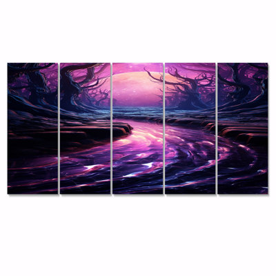 Forêt mauve «River Enchanted Forest Sunset», art mural sur toile 5 pièces