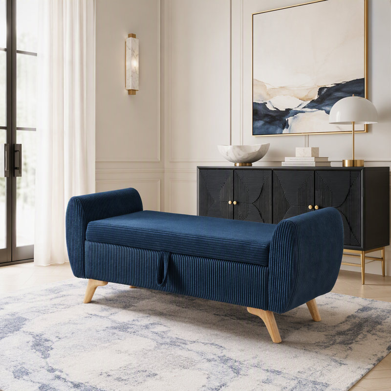 Banc rembourré en velours côtelé avec rangement 57 po, Bleu