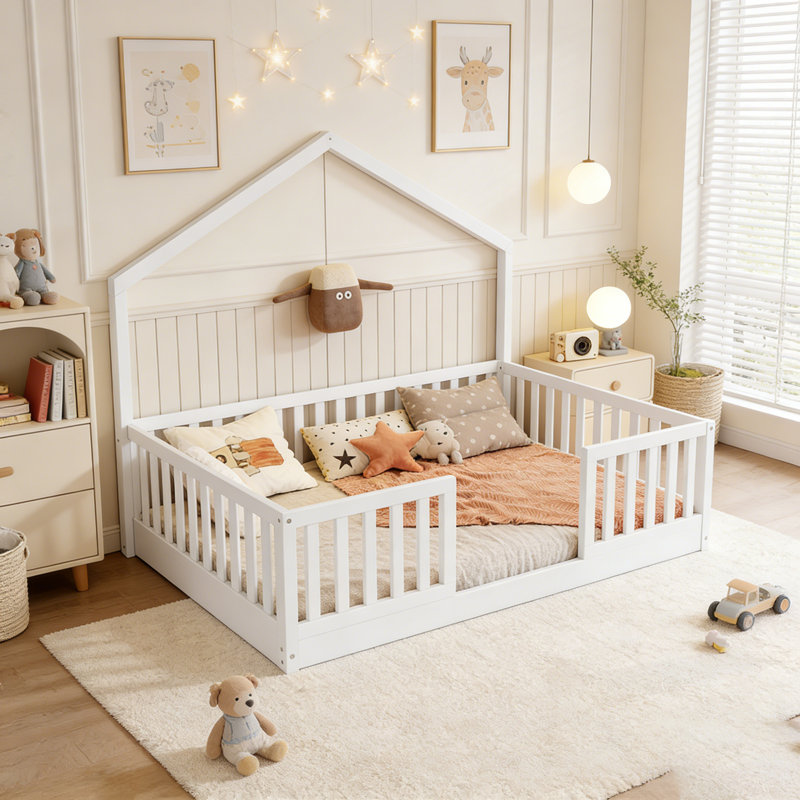 Lit sur pied avec rails de sécurité, conception Montessori en bois pour enfants, Lit double, Blanc