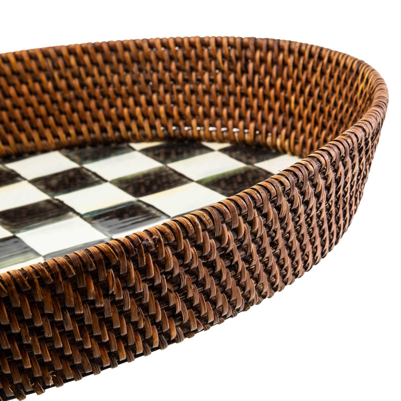 Large Black and White Checkered Rattan Serving Tray