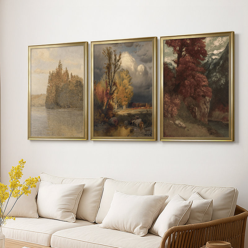 Paysage rétro CLXV III - Toile tendue avec châssis sur mesure - 3 pièces, H 21 po x l 30 po, Doré