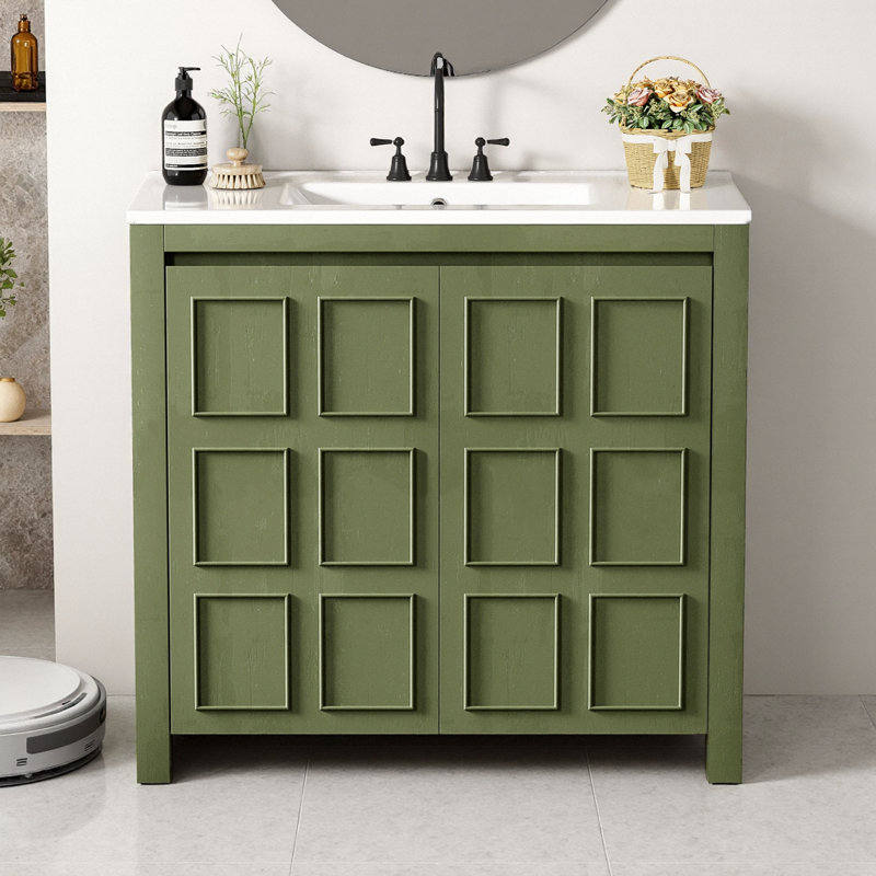 Meuble-lavabo de 36 po vert olive peint à la main avec lavabo en céramique, armoire en bois massif à finition vieillie, poignées dissimulées, portes à fermeture en douceur, style transitionnel, autoportant