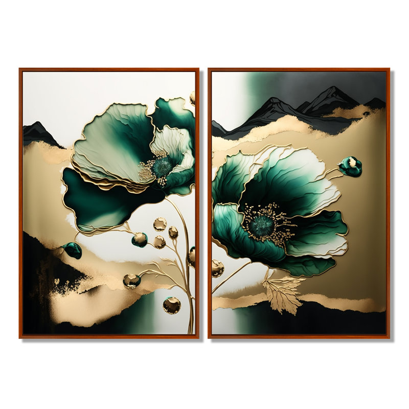 Or et vert coquelicot floral Euphoria I - art mural traditionnel, 36" H x 48" W, Impression encadrée flottante, Brown