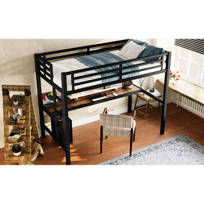 Lit mezzanine simple en métal noir avec DEL, prise de courant, bureau pour espace de travail et d'étude productif, espace, réduction du bruit, structure solide, charge, bricolage, passé, installation facile, conception, testé,