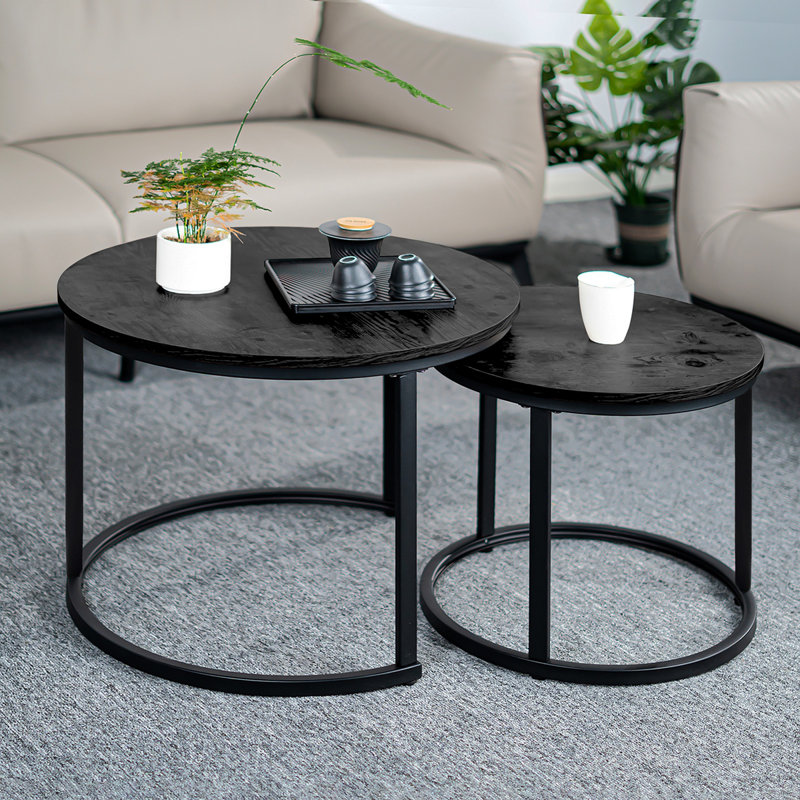 Ensemble de 2 tables basses rondes gigognes, table d'appoint pour le salon, table d'appoint multifonctionnelle avec structure en métal, / salon / chambre à coucher noir