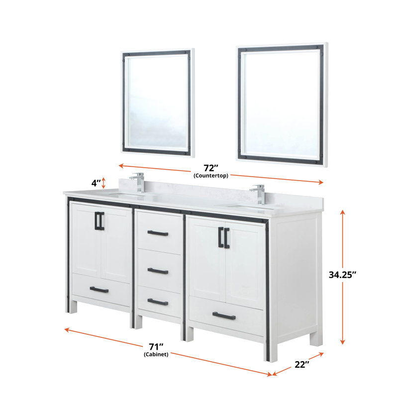 Ziva 72 in W x 22 in D Double Bath Vanity and White Top, White, White Cultured Marble