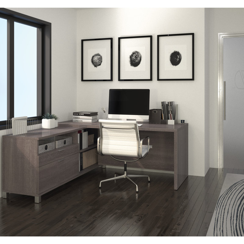 Bureau de direction en L 72 W réversible Ornello, Écorce gris
