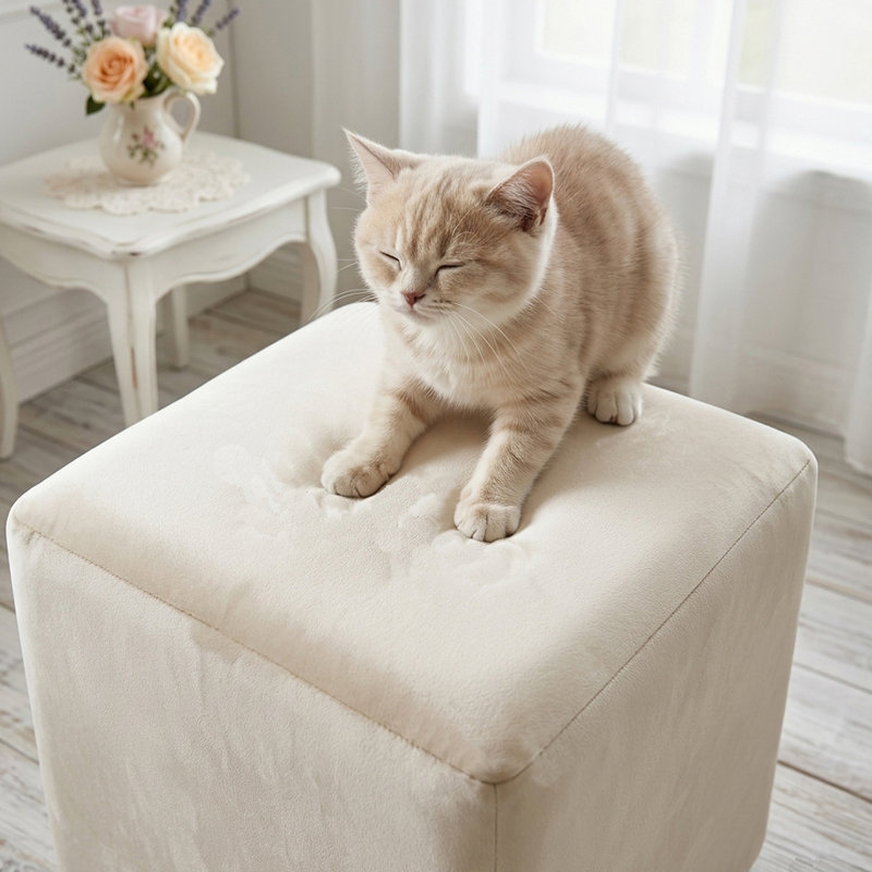 17" Wide Square Velvet Cube Ottoman, Modern Upholstered Footstool For Living Room & Bedroom, Beige, Beige Velvet