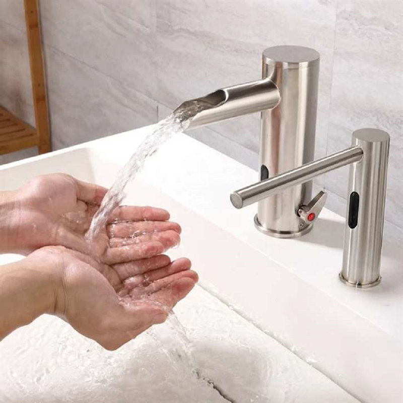 Cairo Brushed Nickel Sensor Faucet and Soap Dispenser Combo Sleek Touchless Restroom Convenience