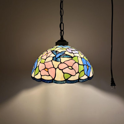 Tiffany Pendant Lighting Plug in Pink Blue Stained Glass Hummingbird Flowers LED Bulb 12”W*12”D*60”H