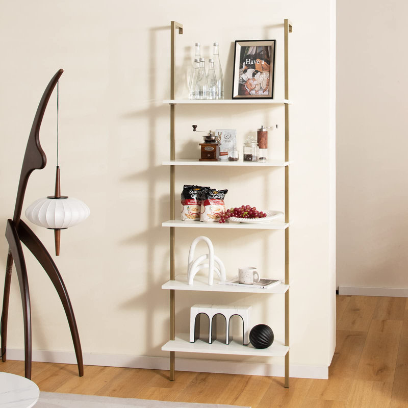 Meachum 180cm H x 60cm W Iron Ladder Bookcase, White/Gold