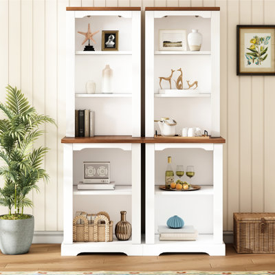 Deux tablettes avec bibliothèque en noyer, armoire blanche, rangement entièrement ouvert pour la décoration et les articles essentiels, base supérieure incurvée, 6 tablettes