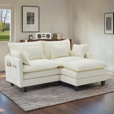 3-Piece Chenille Sectional With Double Layer Seat Cushions, Four Pillows and One Ottoman