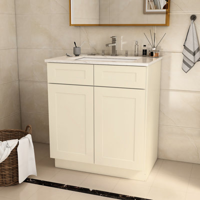 Armoire de base 30 po x 21 po x 34,5 po en contreplaqué blanc antique pour salle de bain et de cuisine -, meuble-lavabo facile à peindre