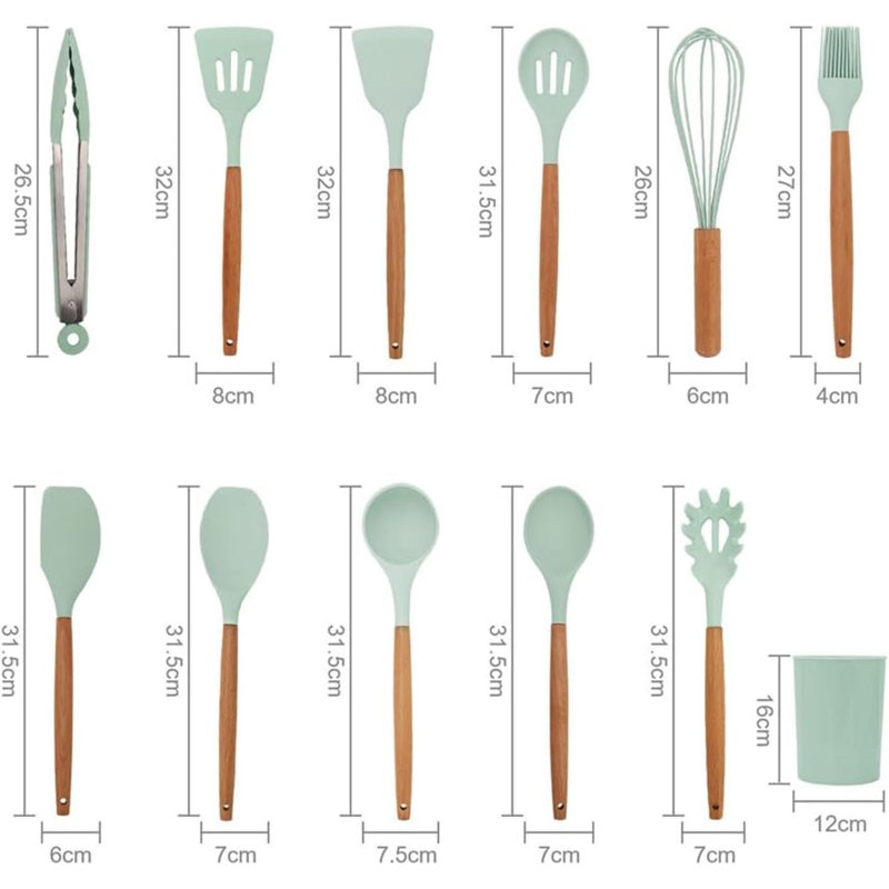 Kitchen Utensil Set, 12 PCS Silicone Cooking Utensils Set With Wooden Handle, Heat Resistant, Nonstick Cookware Tongs Spatula Spoon Set, Dishwasher Safe, Best Kitchen Tools (Green)