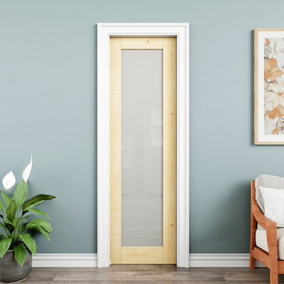 Porte de poche intérieure en bois de pin et verre givré 24 po x 80 po, bois de pin naturel, dalle de porte en verre trempé avec intimité, à peindre et imperméable, comme portes de buanderie, portes de placard, portes de pièce