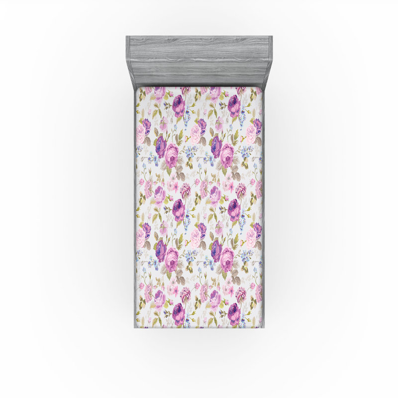 Drap-housse orange Ambesonne, Drap-housse pour lit simple TG, Lilas / vert / floral bleu pâle