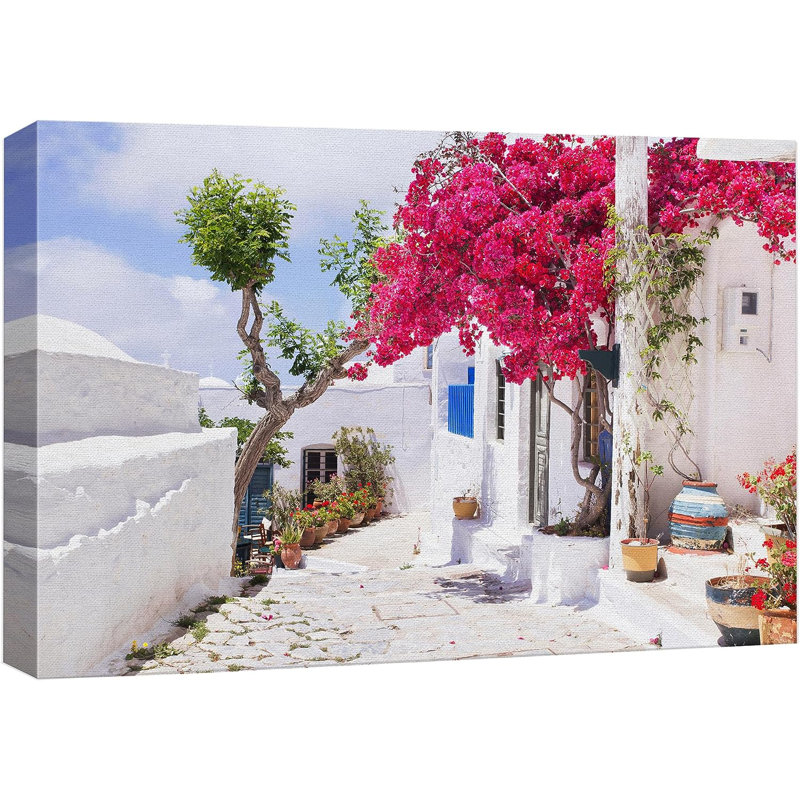 Architecture Building " IDEA4WALL Canvas Print Wall Art Santorini Greece Pink Flowers Nature Wilderness Photography Realism Landscape Scenic Bohemian Rustic Countryside Cityscape For Living Room, Bedroom, Office "