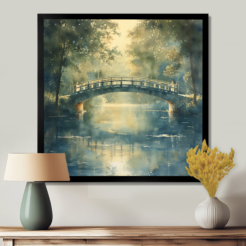 «Green Beige River Crossing Park Bridge I», art mural, Toile encadrée noire simple, H 36 po x l 36 po x P 1,5 po
