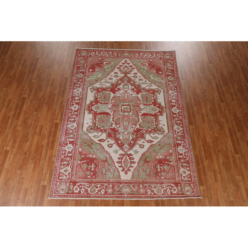 Tapis oriental ivoire en laine Heriz Serapi noué à la main 7 x 10